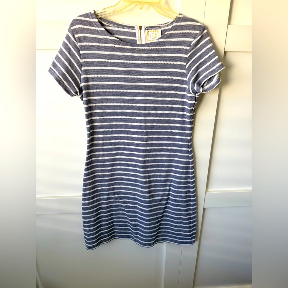 This knit blue and white striped dress is very comfortable.